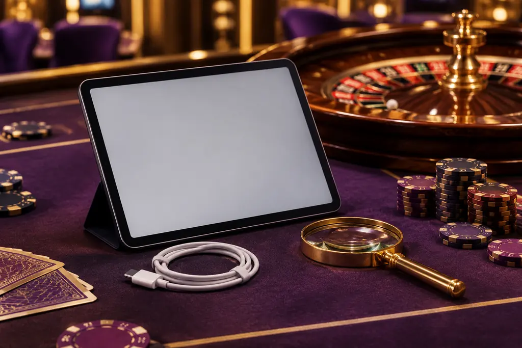 Ilustrasi perangkat dan kabel di dekat meja roulette sebagai tema bantuan akses kasino.