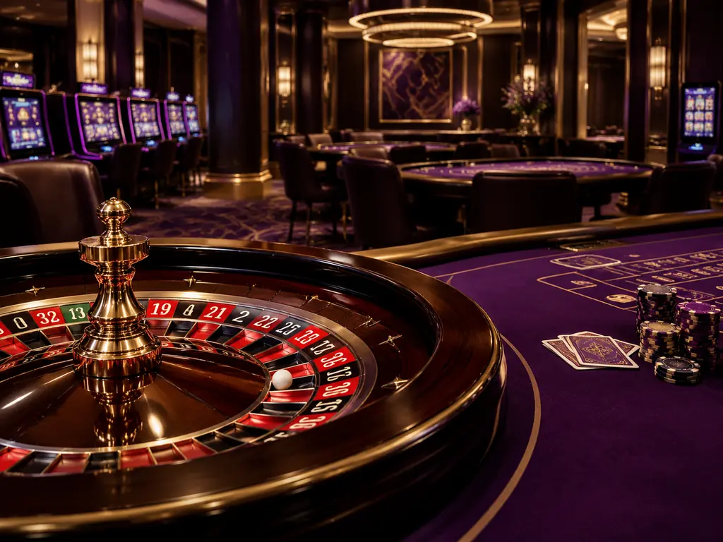 Ilustrasi ruang kasino bernuansa ungu dan emas dengan meja roulette dan permainan kartu.