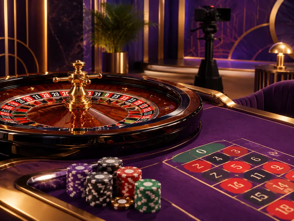 Ilustrasi meja roulette di studio kasino dengan roda, cip, dan kamera siaran.
