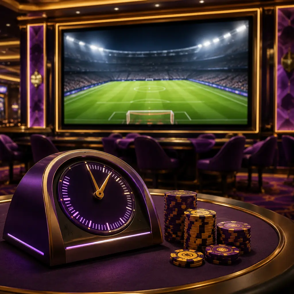 Ilustrasi layar sepak bola dan penunjuk waktu di ruang sportsbook kasino.