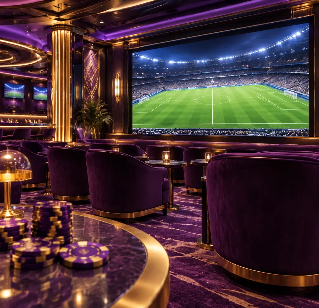 Ilustrasi area sportsbook di kasino dengan layar lapangan sepak bola dan kursi bernuansa ungu.